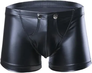 Men's Smooth Faux Leather Thong Underwear Buckled Bulge Pouch Bikini Briefs Boxer Shorts