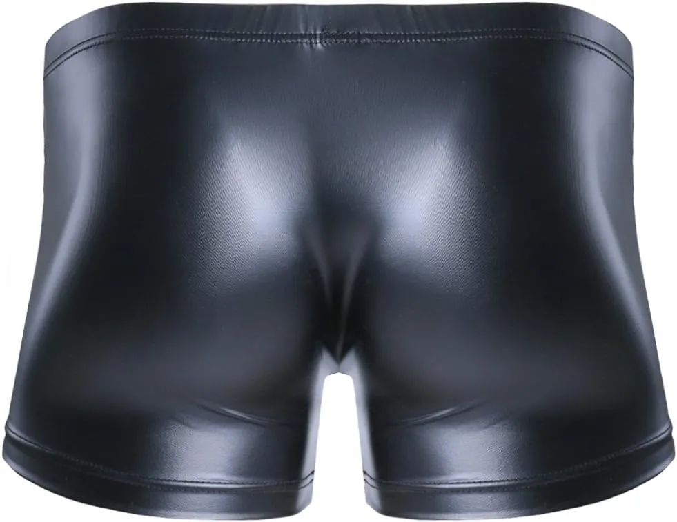 Men's Smooth Faux Leather Thong Underwear Buckled Bulge Pouch Bikini Briefs Boxer Shorts