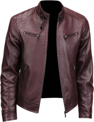 Men's Solid Color Stand Up Collar Windproof Warm Coat Leather Jackets Vintage Leather Jacket