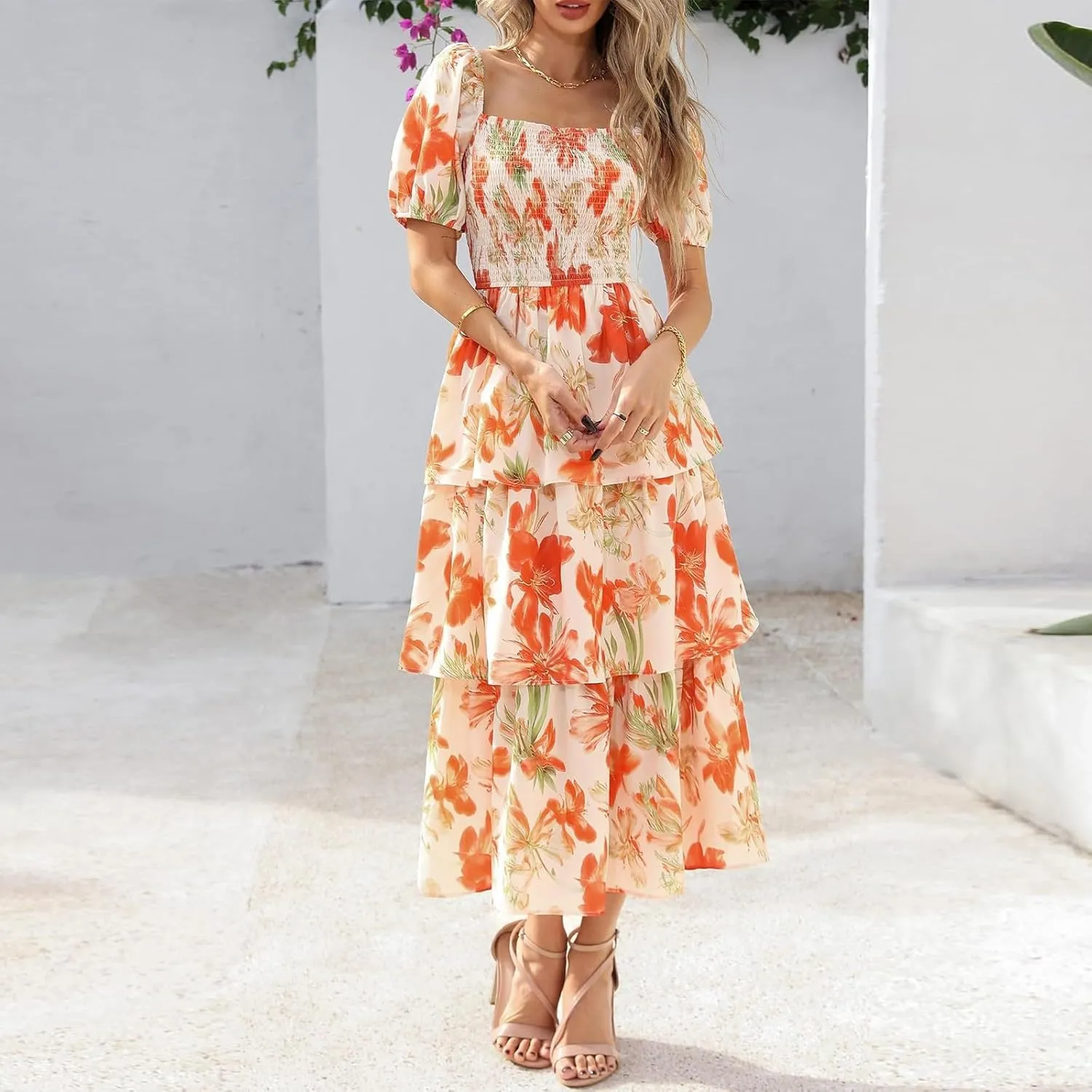 Midi Dresses for Women 2025 Smocked Floral Tiered Maxi Dress Empire Waist Casual Flowy Long Dresses with Sleeves
