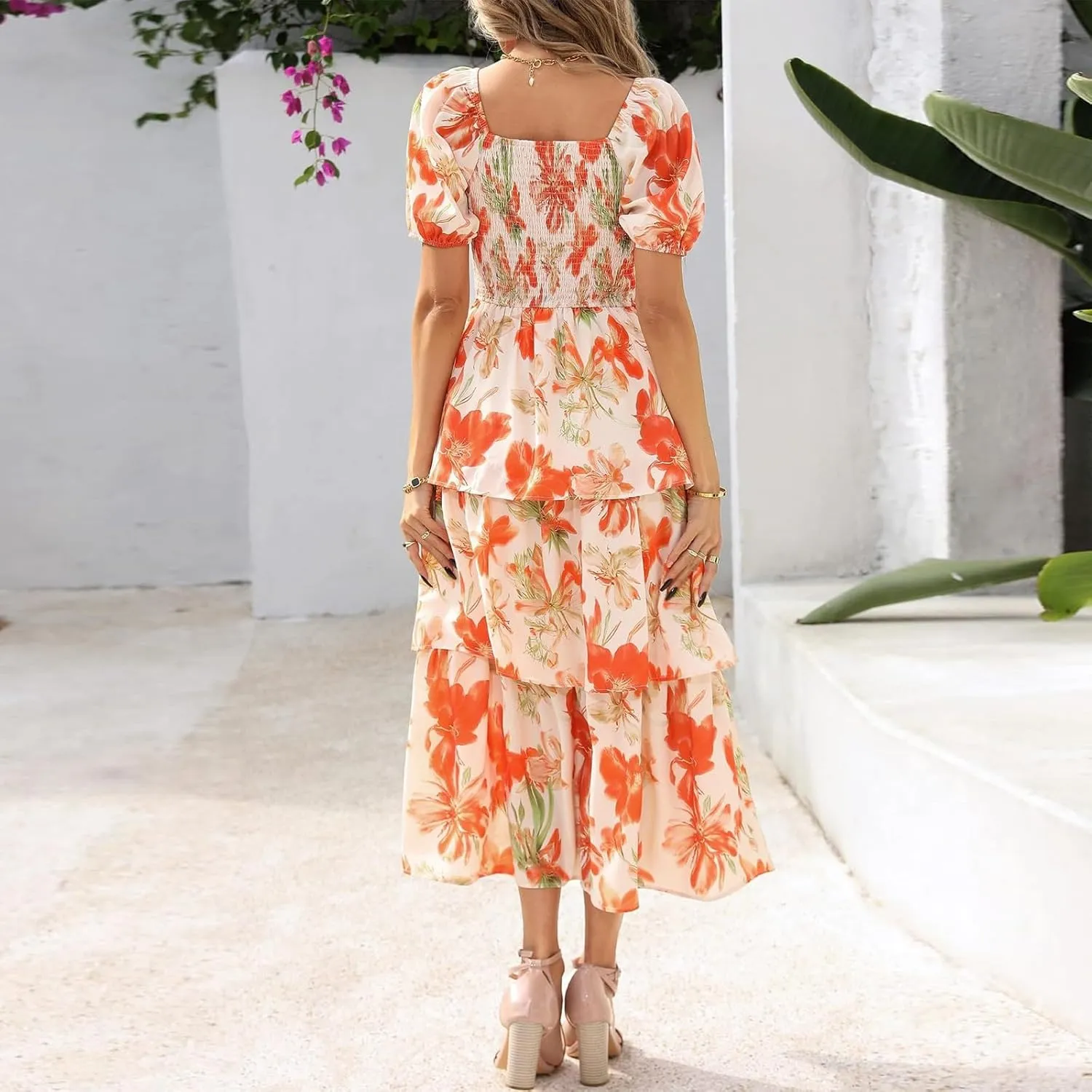 Midi Dresses for Women 2025 Smocked Floral Tiered Maxi Dress Empire Waist Casual Flowy Long Dresses with Sleeves
