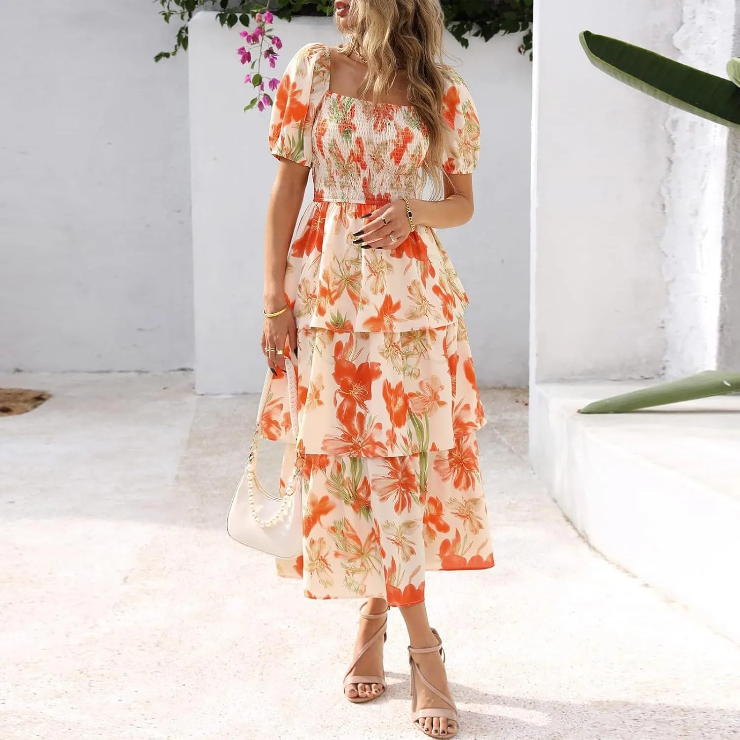 Midi Dresses for Women 2025 Smocked Floral Tiered Maxi Dress Empire Waist Casual Flowy Long Dresses with Sleeves