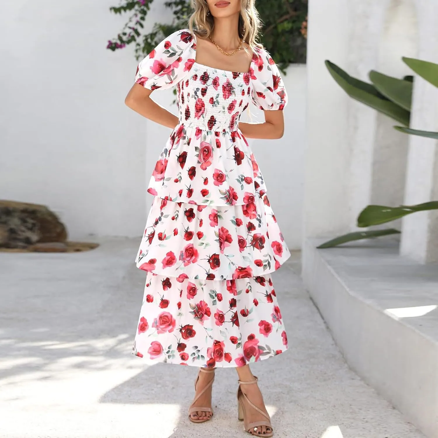 Midi Dresses for Women 2025 Smocked Floral Tiered Maxi Dress Empire Waist Casual Flowy Long Dresses with Sleeves