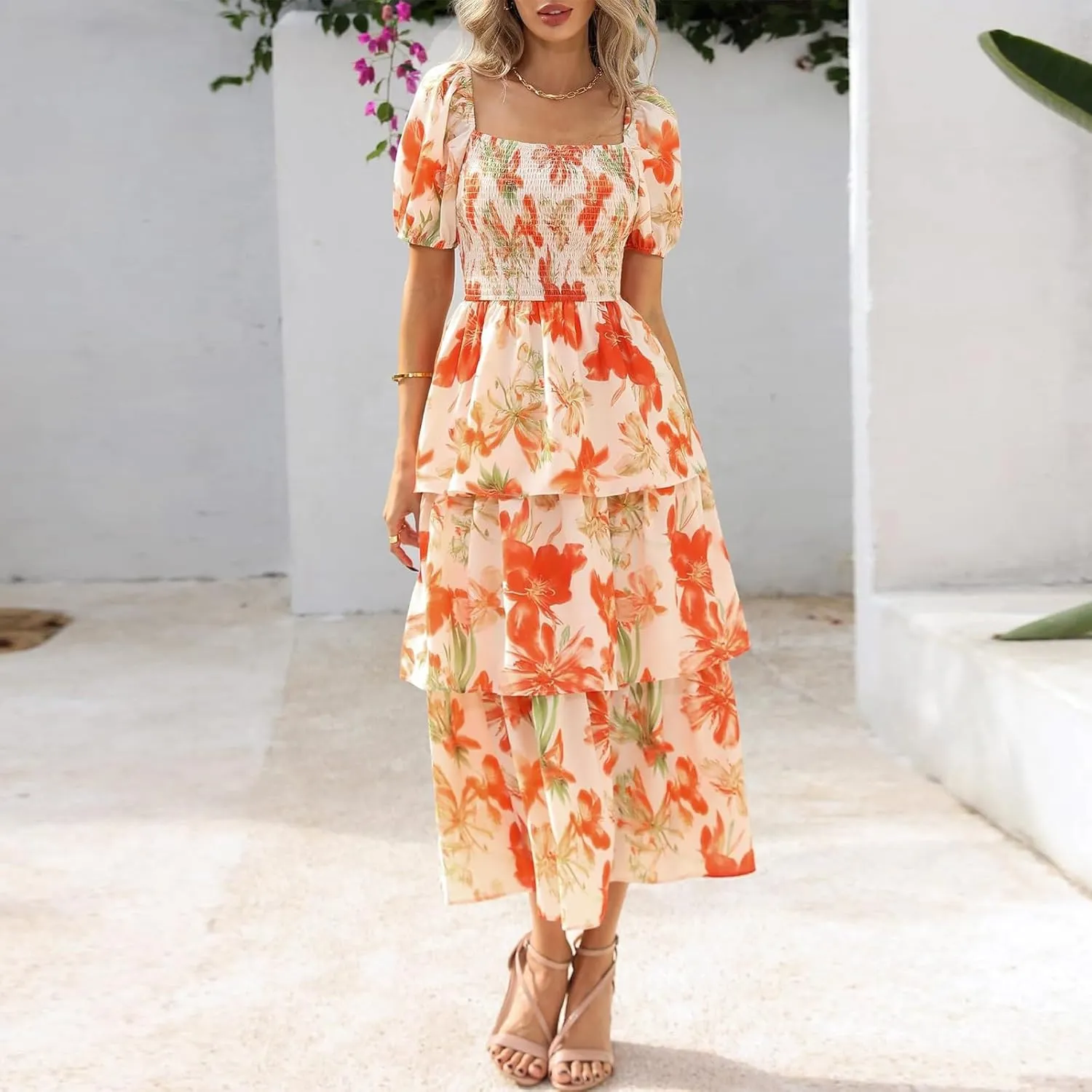 Midi Dresses for Women 2025 Smocked Floral Tiered Maxi Dress Empire Waist Casual Flowy Long Dresses with Sleeves