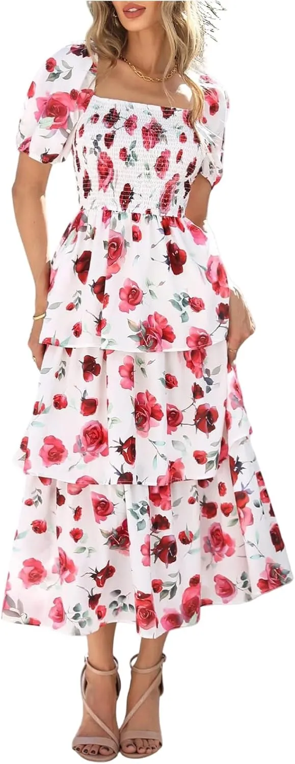 Midi Dresses for Women 2025 Smocked Floral Tiered Maxi Dress Empire Waist Casual Flowy Long Dresses with Sleeves