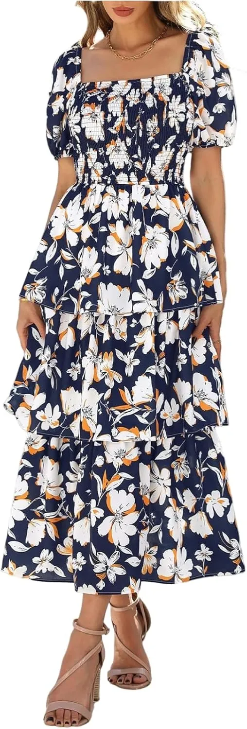 Midi Dresses for Women 2025 Smocked Floral Tiered Maxi Dress Empire Waist Casual Flowy Long Dresses with Sleeves