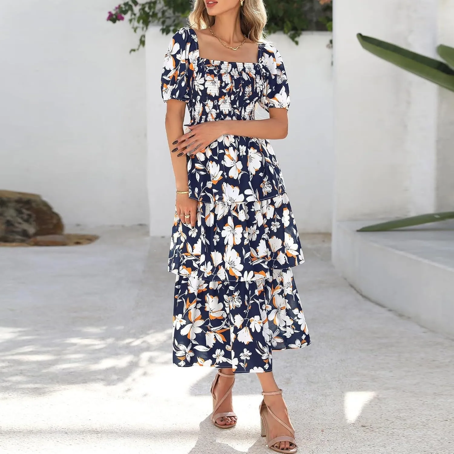 Midi Dresses for Women 2025 Smocked Floral Tiered Maxi Dress Empire Waist Casual Flowy Long Dresses with Sleeves