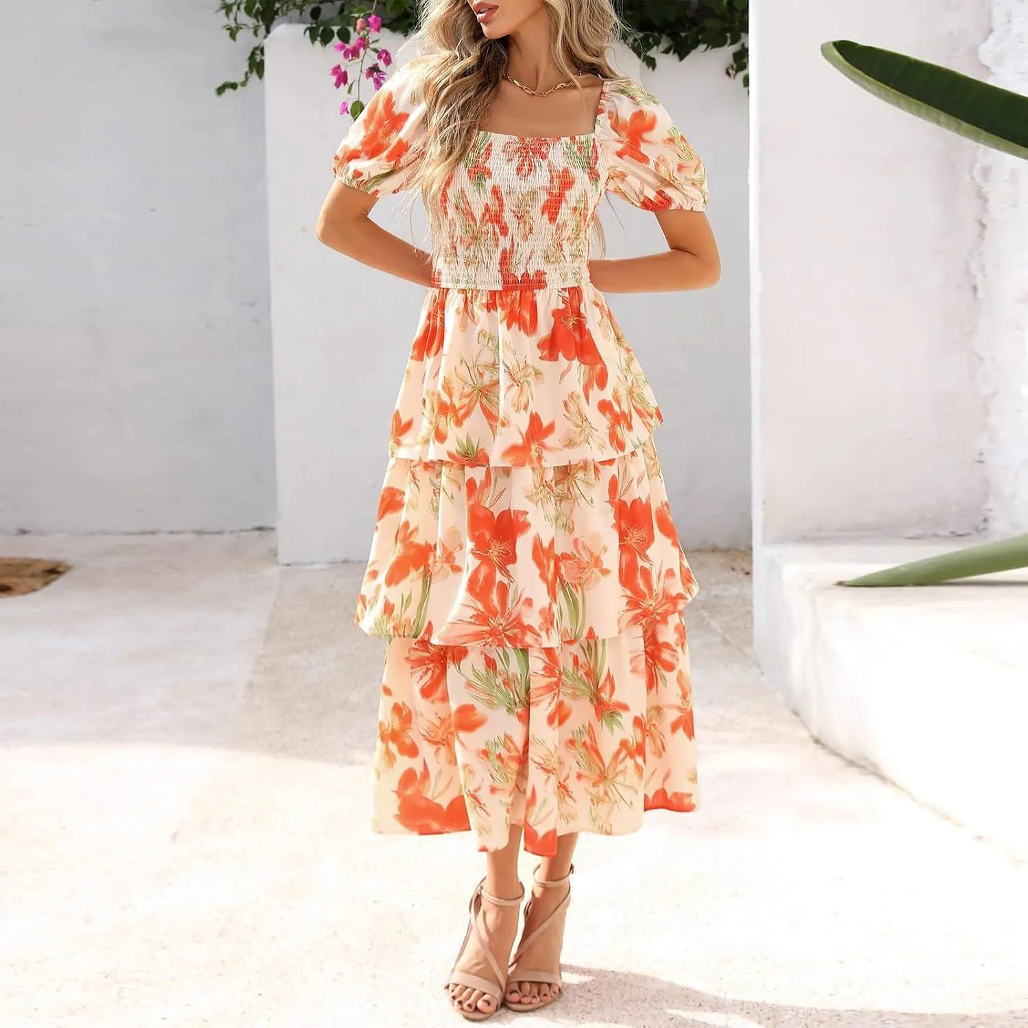 Midi Dresses for Women 2025 Smocked Floral Tiered Maxi Dress Empire Waist Casual Flowy Long Dresses with Sleeves