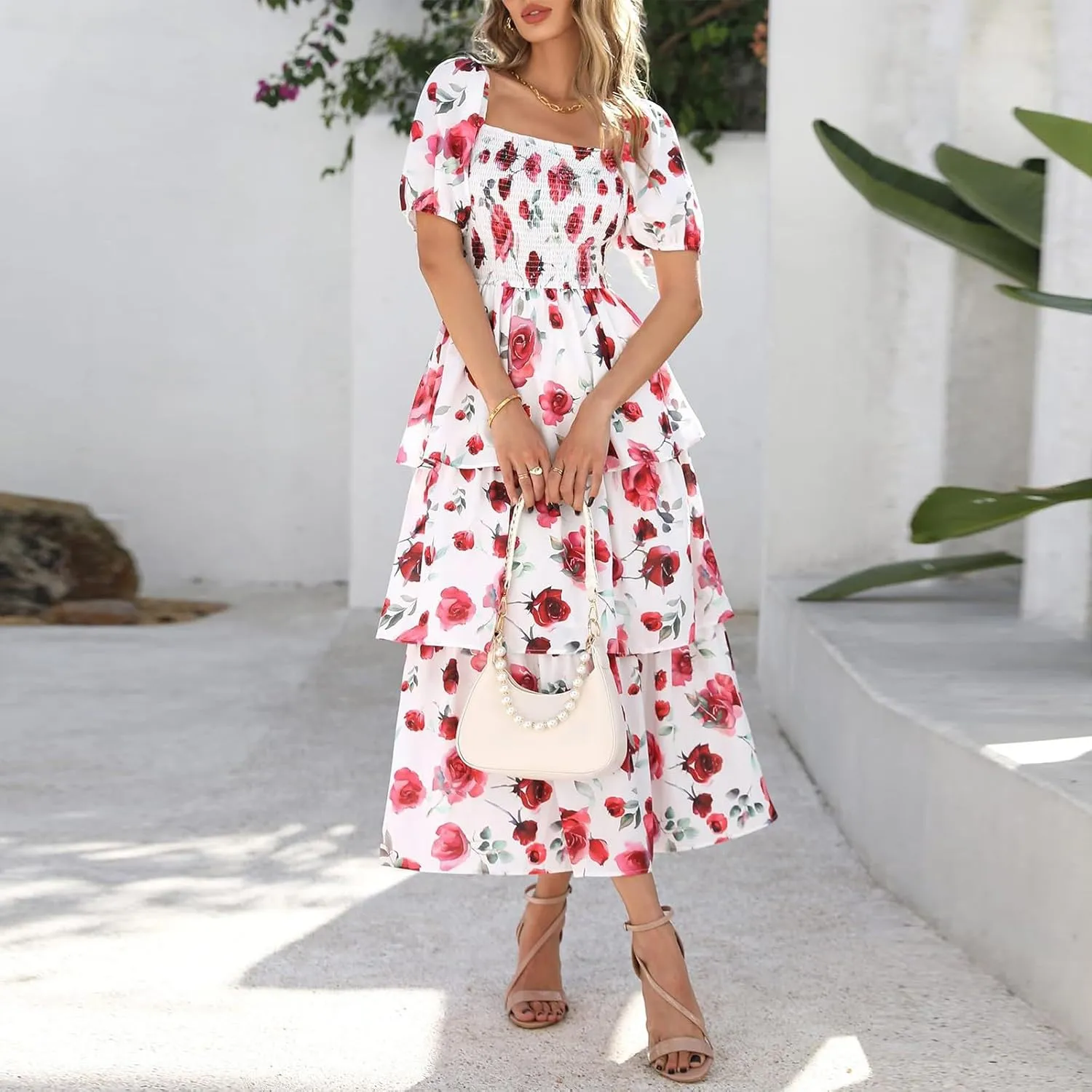 Midi Dresses for Women 2025 Smocked Floral Tiered Maxi Dress Empire Waist Casual Flowy Long Dresses with Sleeves