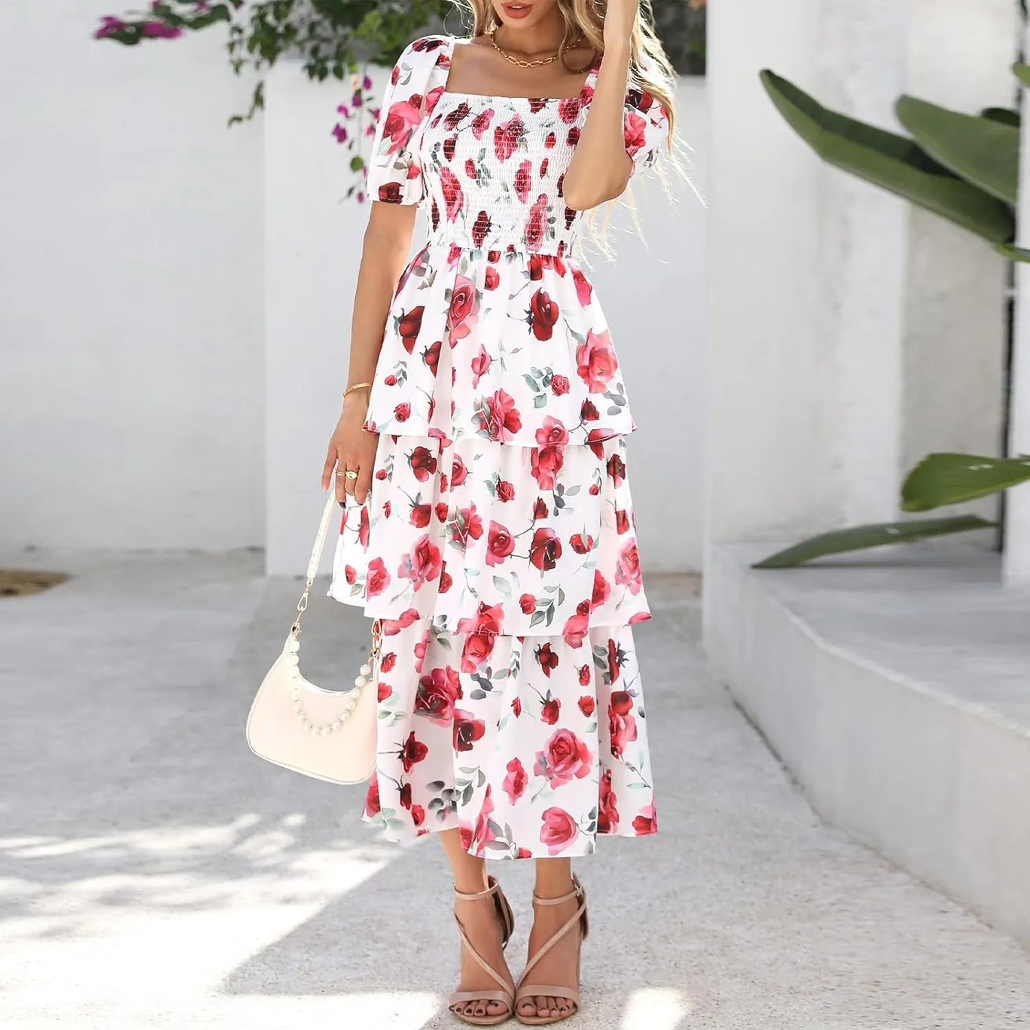 Midi Dresses for Women 2025 Smocked Floral Tiered Maxi Dress Empire Waist Casual Flowy Long Dresses with Sleeves