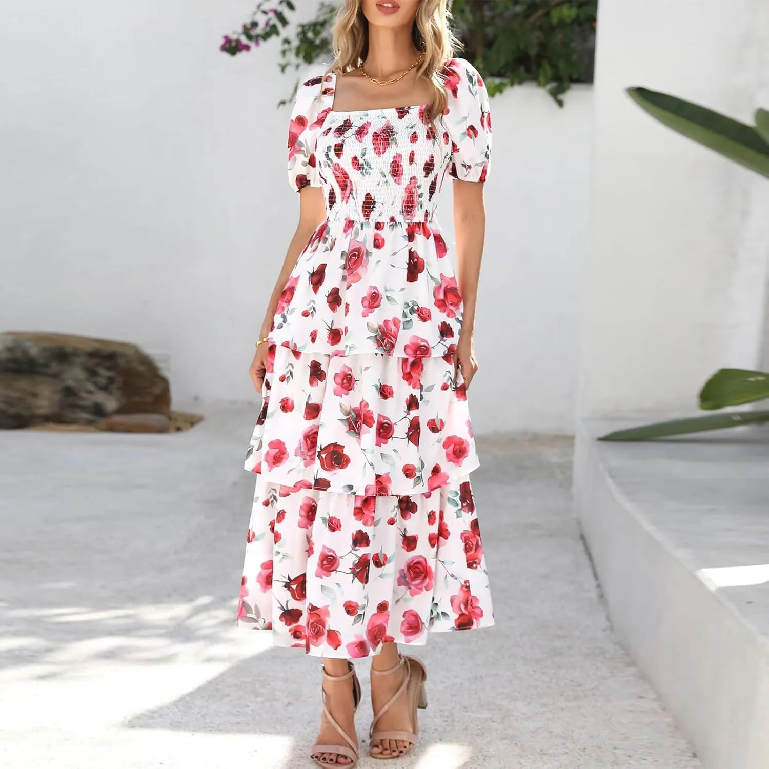 Midi Dresses for Women 2025 Smocked Floral Tiered Maxi Dress Empire Waist Casual Flowy Long Dresses with Sleeves
