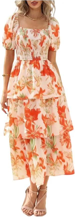 Midi Dresses for Women 2025 Smocked Floral Tiered Maxi Dress Empire Waist Casual Flowy Long Dresses with Sleeves