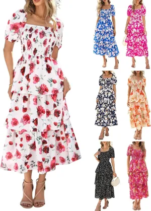 Midi Dresses for Women 2025 Smocked Floral Tiered Maxi Dress Empire Waist Casual Flowy Long Dresses with Sleeves