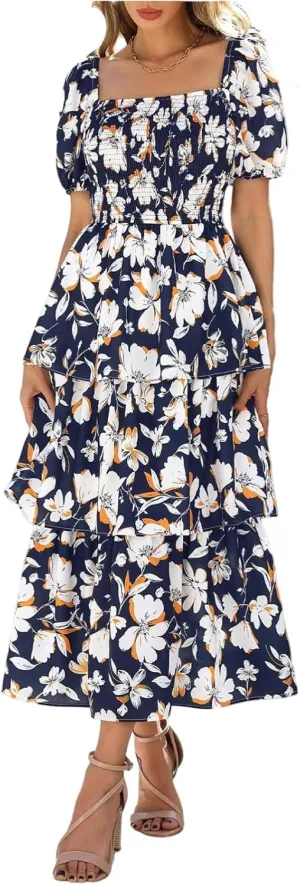 Midi Dresses for Women 2025 Smocked Floral Tiered Maxi Dress Empire Waist Casual Flowy Long Dresses with Sleeves