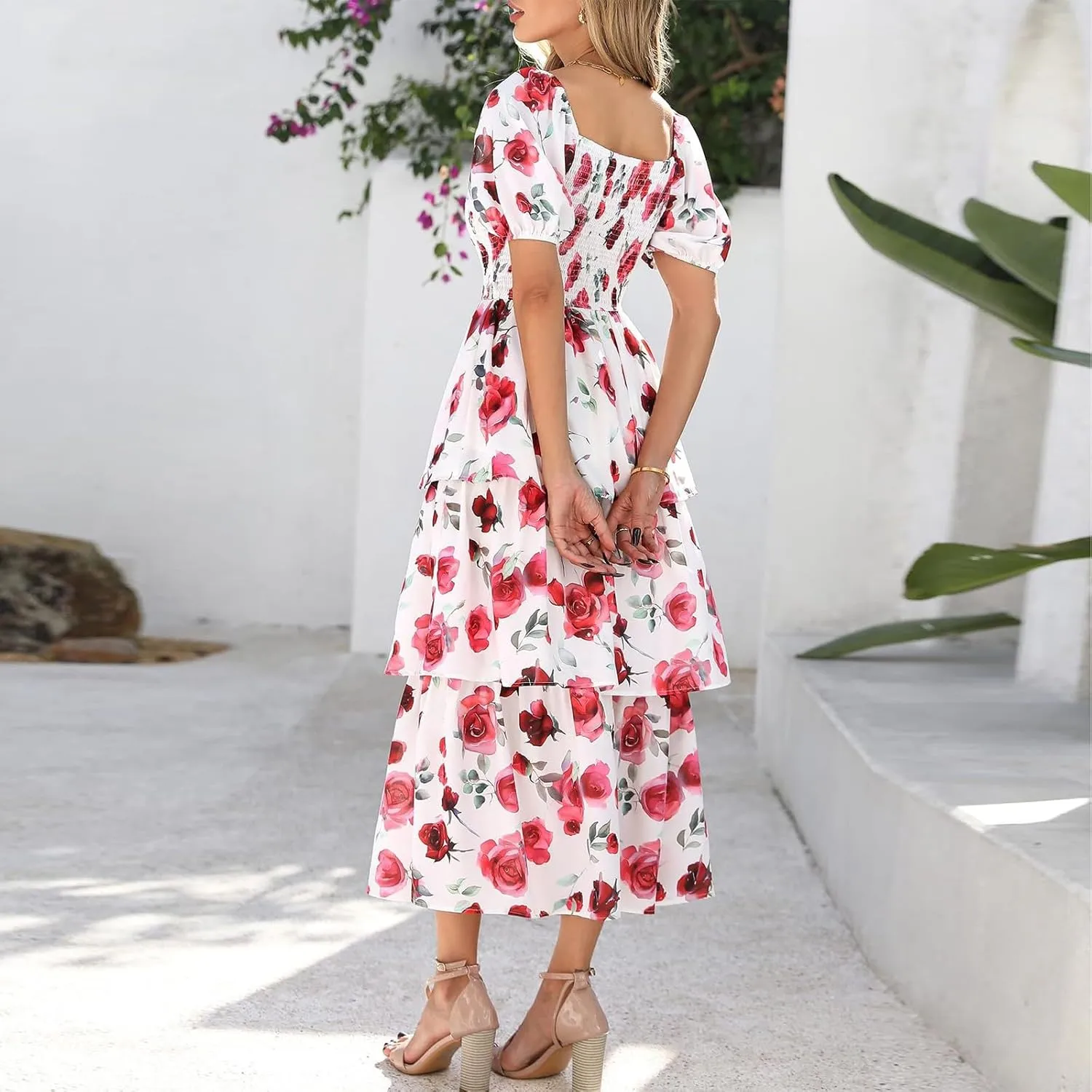 Midi Dresses for Women 2025 Smocked Floral Tiered Maxi Dress Empire Waist Casual Flowy Long Dresses with Sleeves