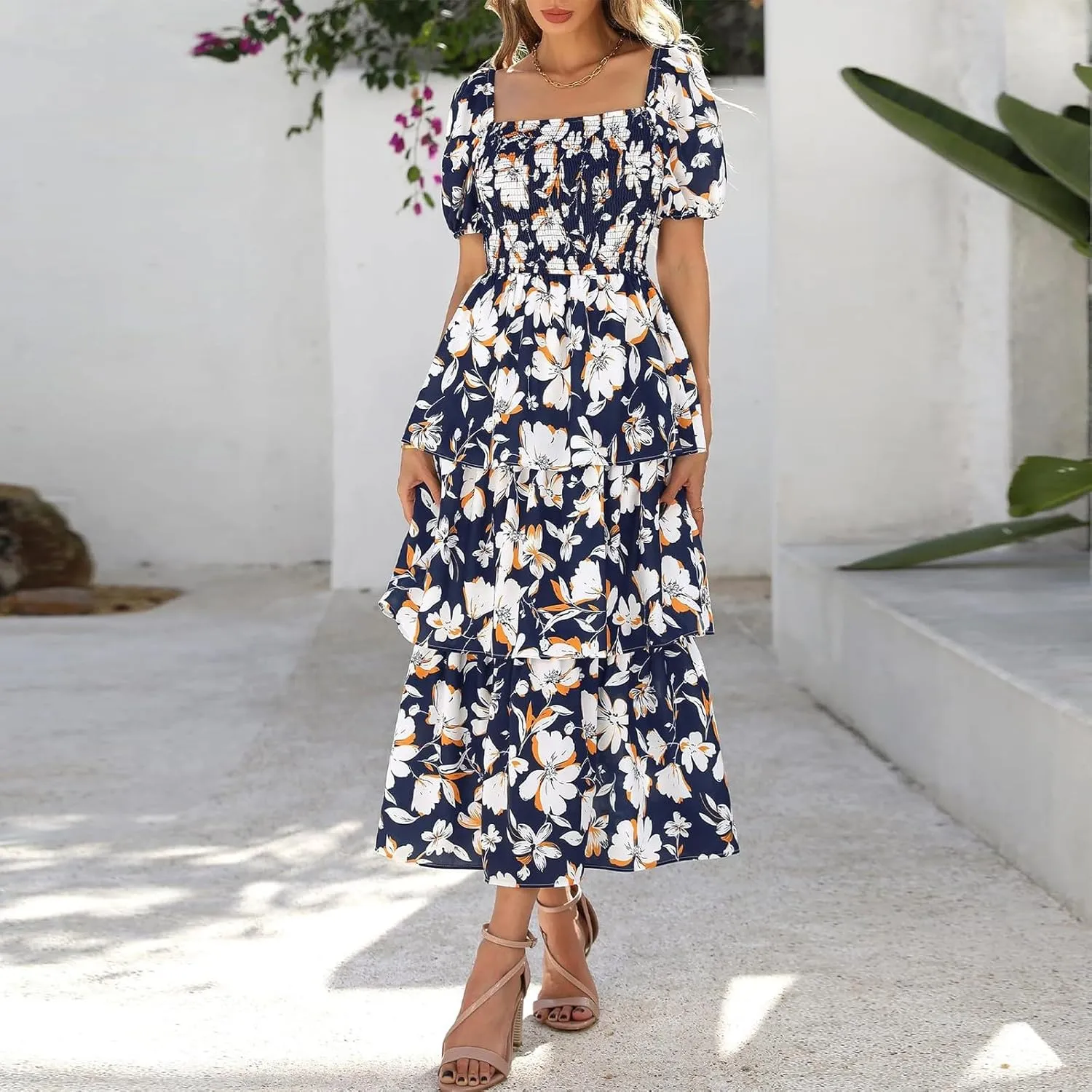 Midi Dresses for Women 2025 Smocked Floral Tiered Maxi Dress Empire Waist Casual Flowy Long Dresses with Sleeves