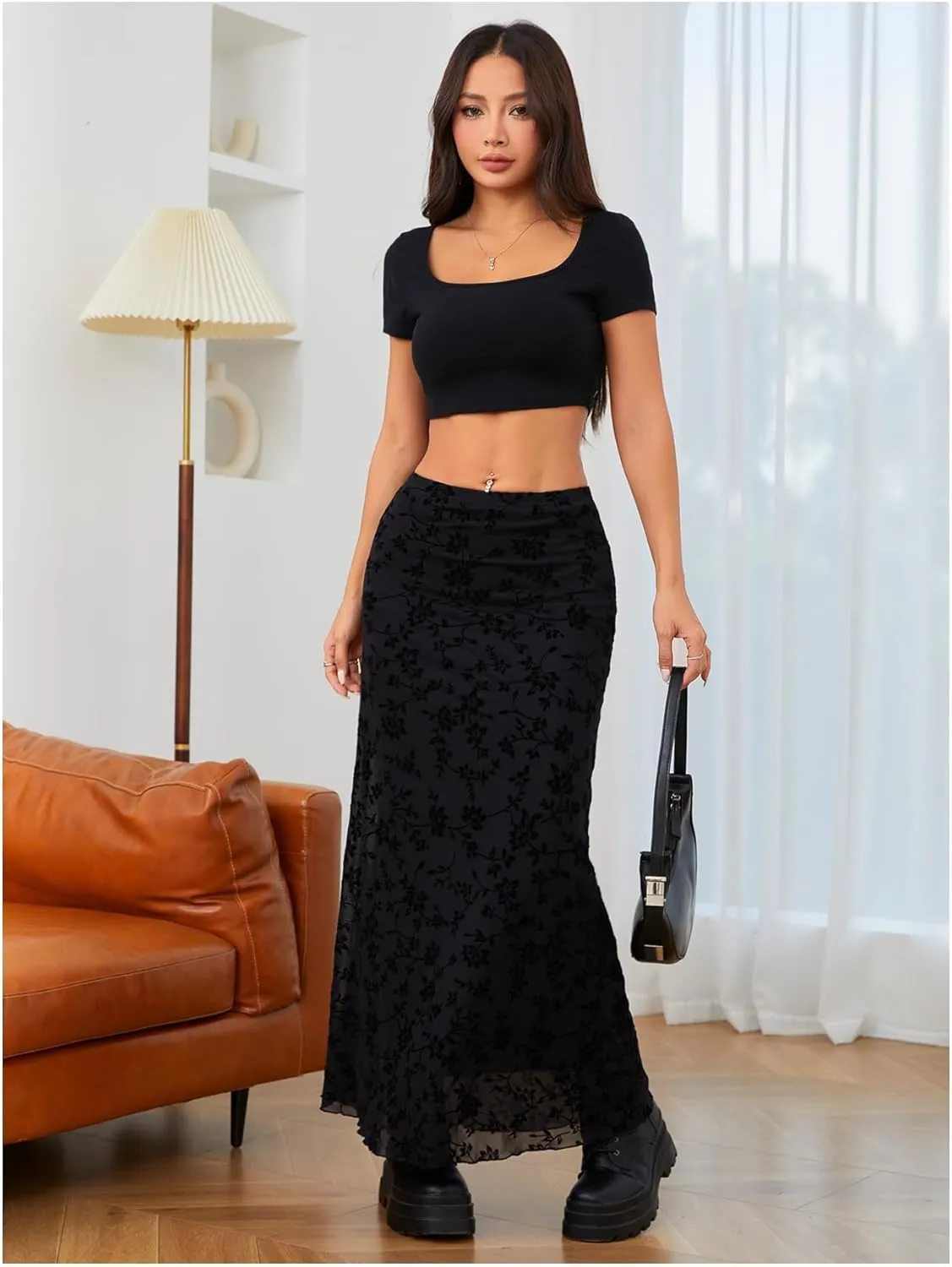 Milumia Women's Floral Print Mesh Long Skirt Low Waisted Y2k Flare Hem Fishtail Skirts