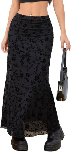 Milumia Women's Floral Print Mesh Long Skirt Low Waisted Y2k Flare Hem Fishtail Skirts