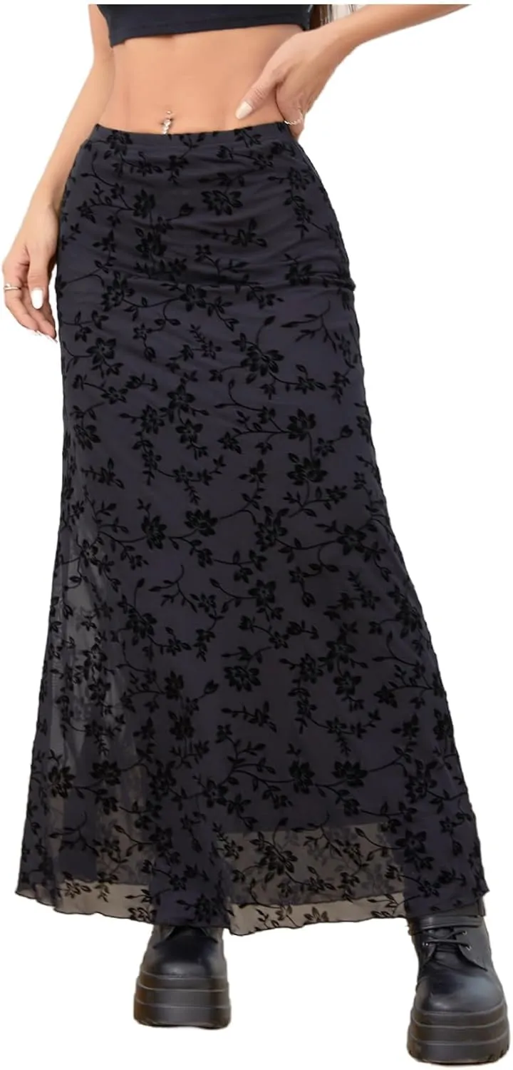 Milumia Women's Floral Print Mesh Long Skirt Low Waisted Y2k Flare Hem Fishtail Skirts