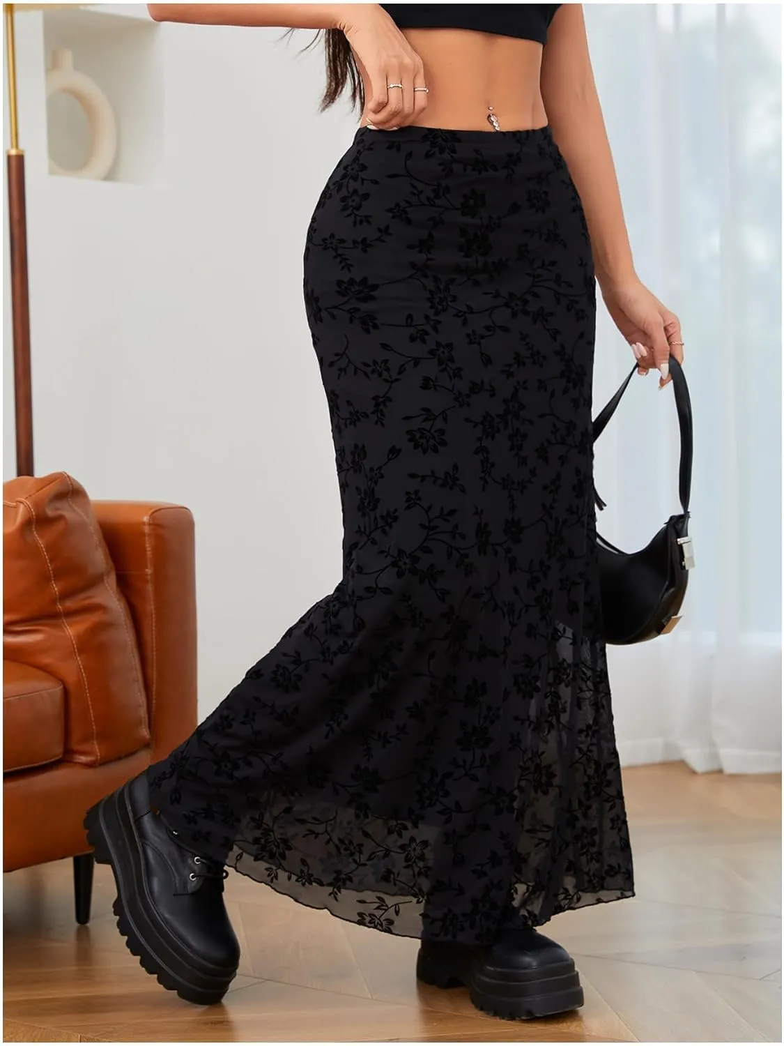 Milumia Women's Floral Print Mesh Long Skirt Low Waisted Y2k Flare Hem Fishtail Skirts