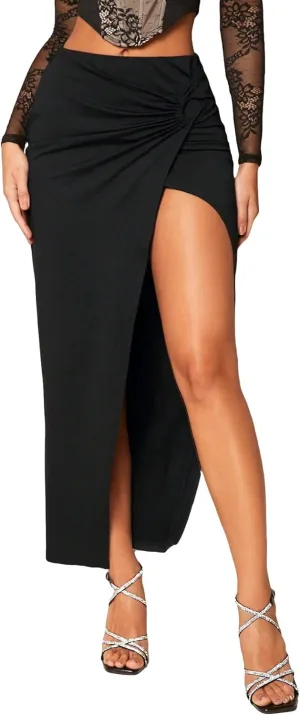 Milumia Women's Twist Front Slit Thigh Long Skirt High Waisted Asymmetrical Maxi Skirts