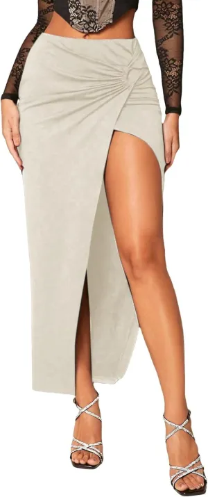 Milumia Women's Twist Front Slit Thigh Long Skirt High Waisted Asymmetrical Maxi Skirts