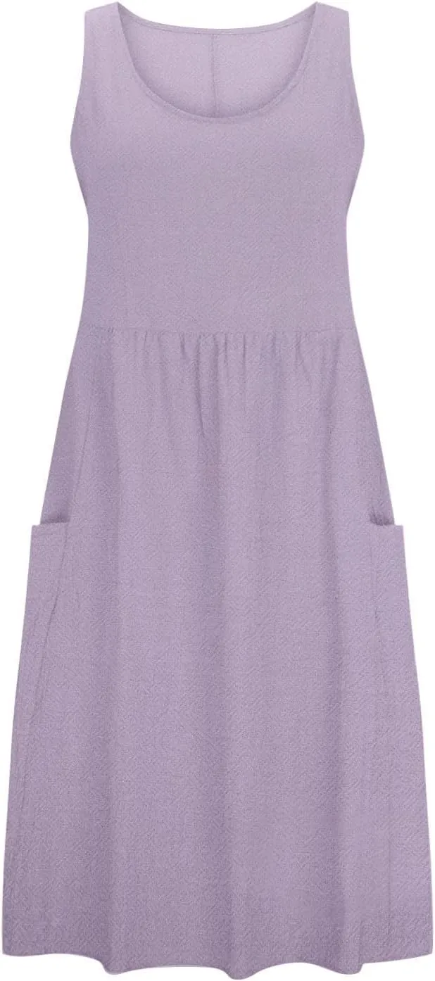 Mzkdieey Maxi Dresses for Women Summer Crew Neck Sleeveless Long Beach Dresses Plain Casual Loose Sundress with Pockets