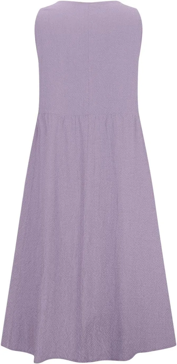 Mzkdieey Maxi Dresses for Women Summer Crew Neck Sleeveless Long Beach Dresses Plain Casual Loose Sundress with Pockets