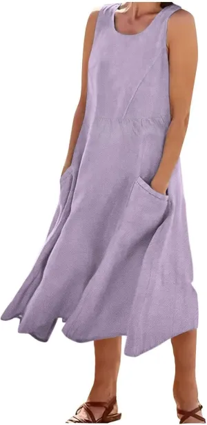 Mzkdieey Maxi Dresses for Women Summer Crew Neck Sleeveless Long Beach Dresses Plain Casual Loose Sundress with Pockets