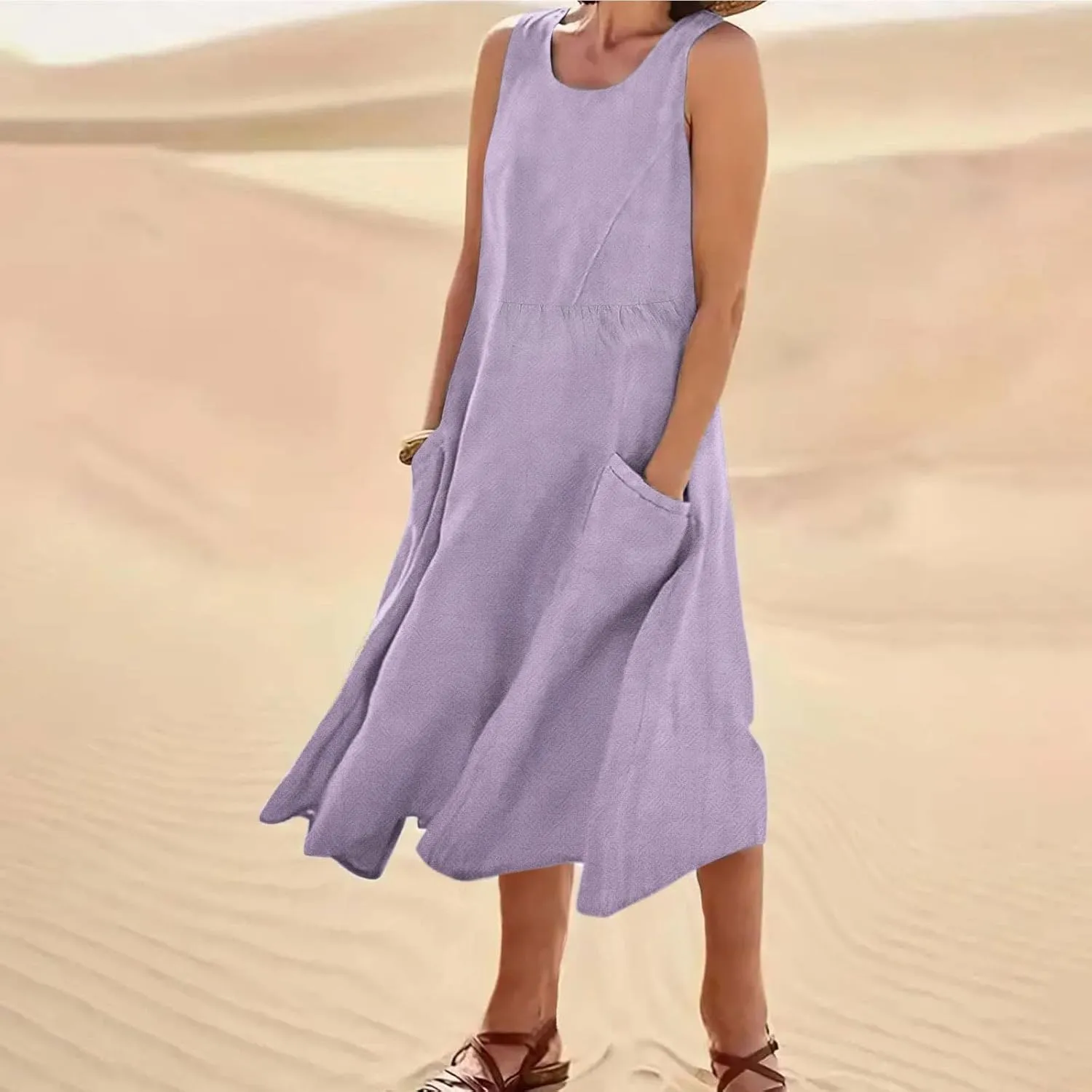 Mzkdieey Maxi Dresses for Women Summer Crew Neck Sleeveless Long Beach Dresses Plain Casual Loose Sundress with Pockets