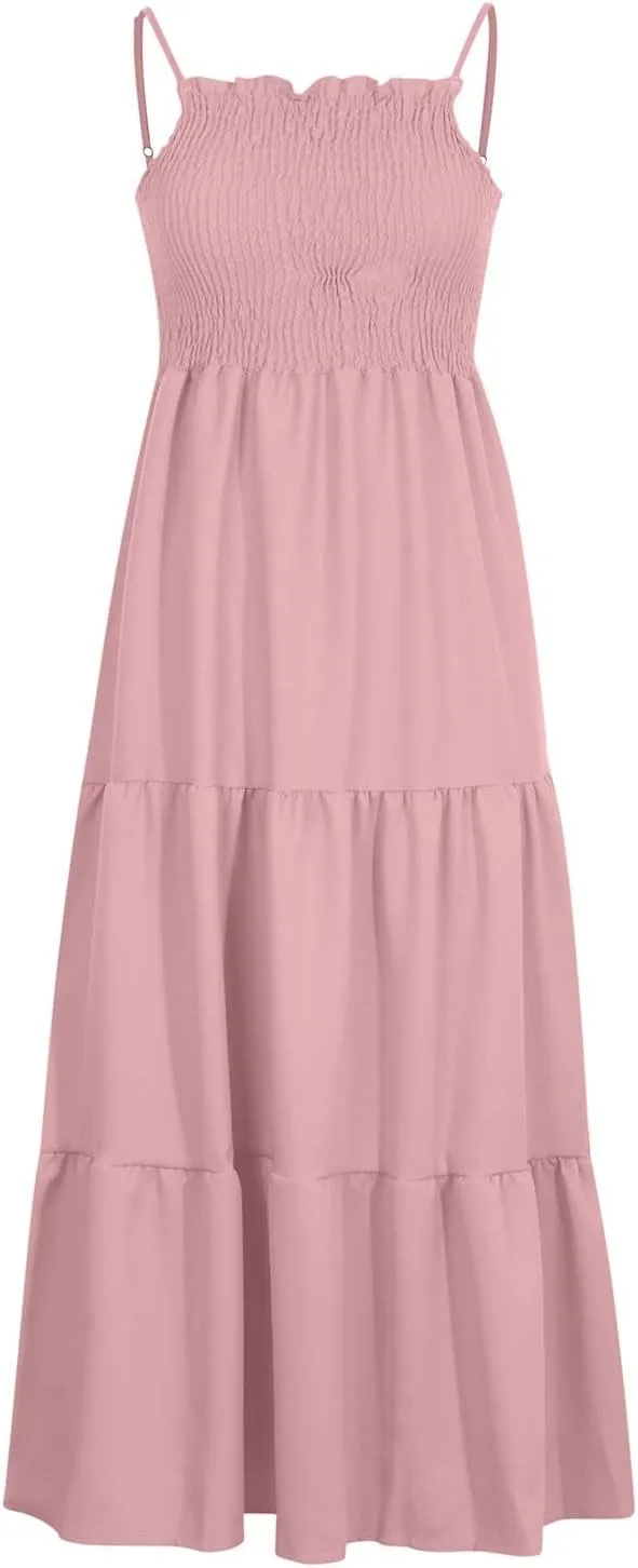 NaRHbrg Women's Boho Maxi Dress Sleeveless Spaghetti Strap Flowy Tiered Summer Sundress Casual Beach Long Dresses