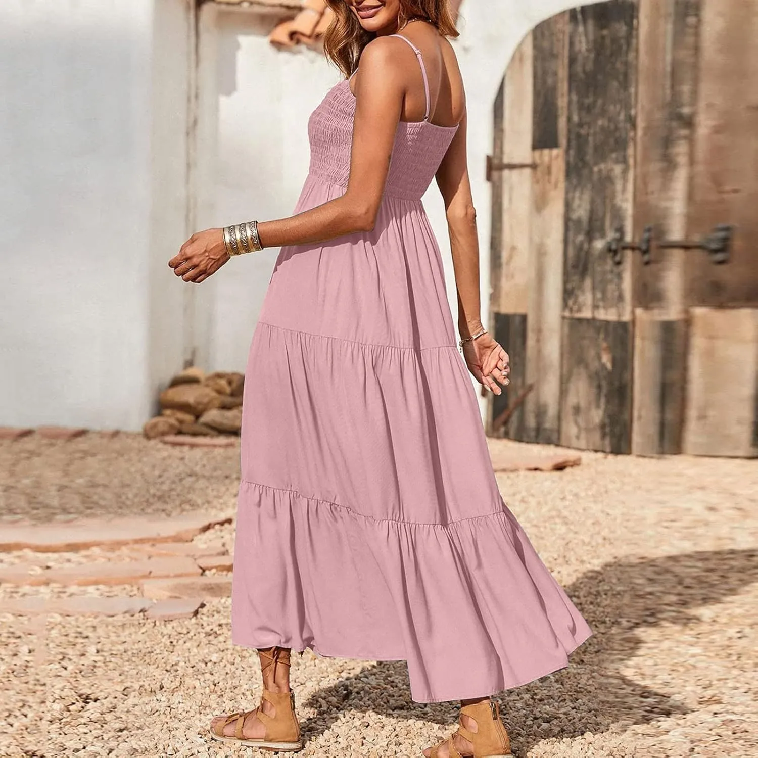 NaRHbrg Women's Boho Maxi Dress Sleeveless Spaghetti Strap Flowy Tiered Summer Sundress Casual Beach Long Dresses