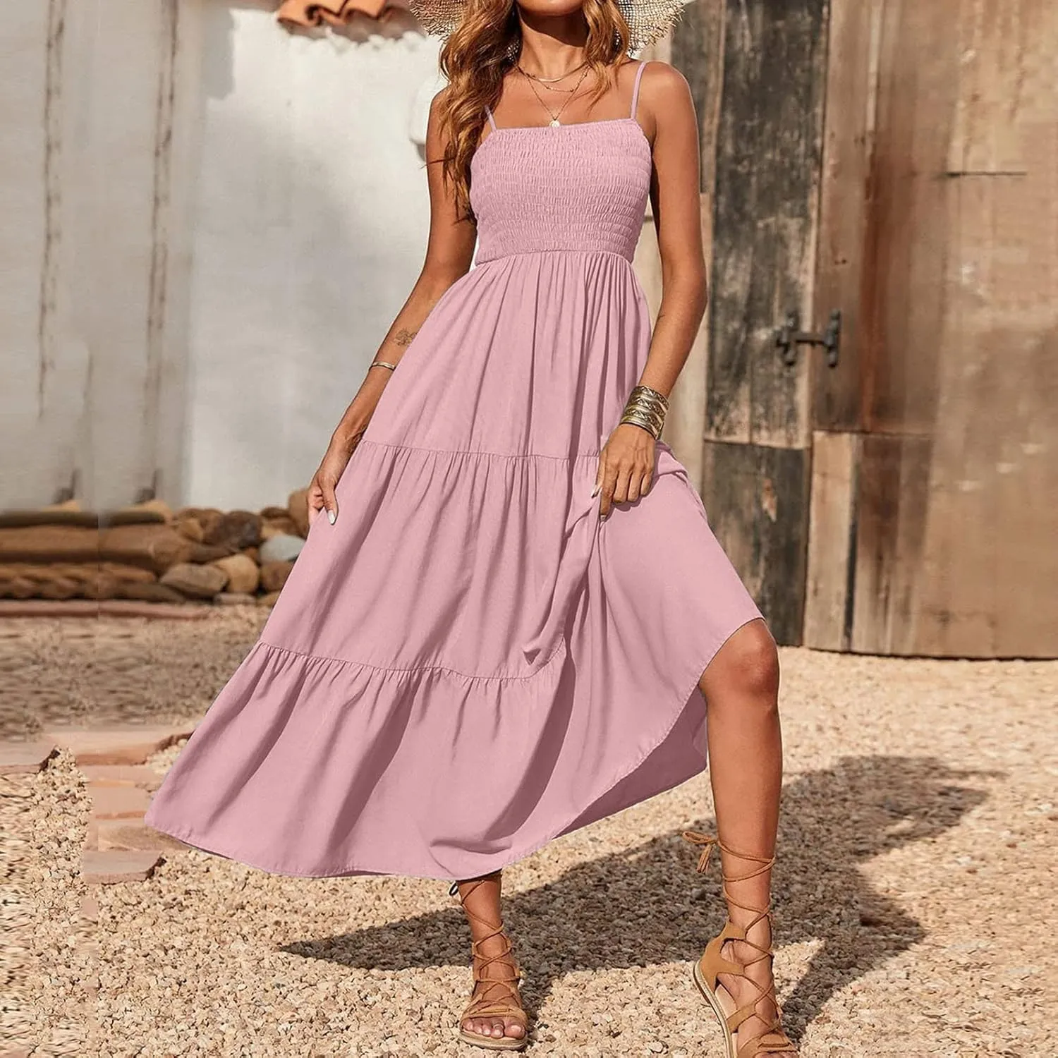 NaRHbrg Women's Boho Maxi Dress Sleeveless Spaghetti Strap Flowy Tiered Summer Sundress Casual Beach Long Dresses