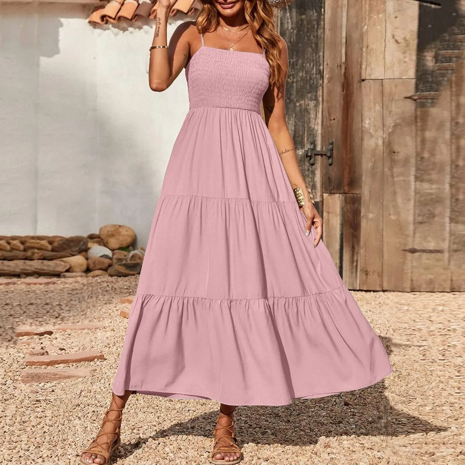 NaRHbrg Women's Boho Maxi Dress Sleeveless Spaghetti Strap Flowy Tiered Summer Sundress Casual Beach Long Dresses