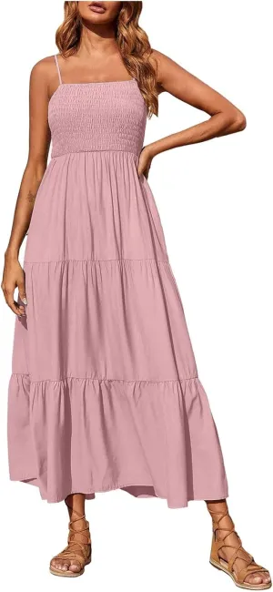 NaRHbrg Women's Boho Maxi Dress Sleeveless Spaghetti Strap Flowy Tiered Summer Sundress Casual Beach Long Dresses