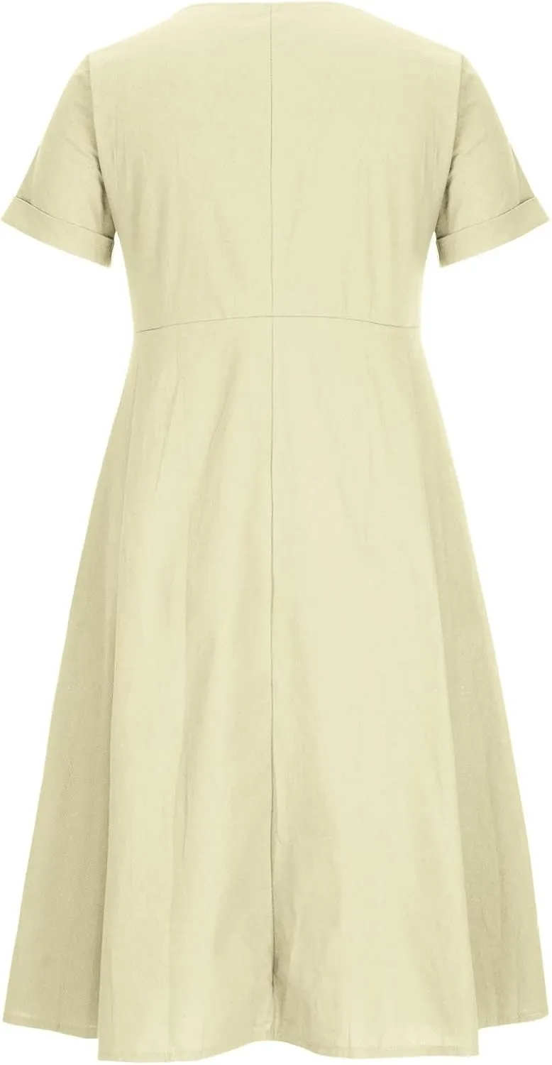 NaRHbrg Women's Button Down Linen Dress V-Neck Short Sleeve A-Line Casual Loose Fit Summer Midi Dresses Sundress