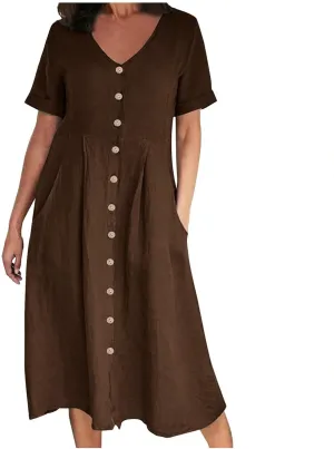 NaRHbrg Women's Button Down Linen Dress V-Neck Short Sleeve A-Line Casual Loose Fit Summer Midi Dresses Sundress
