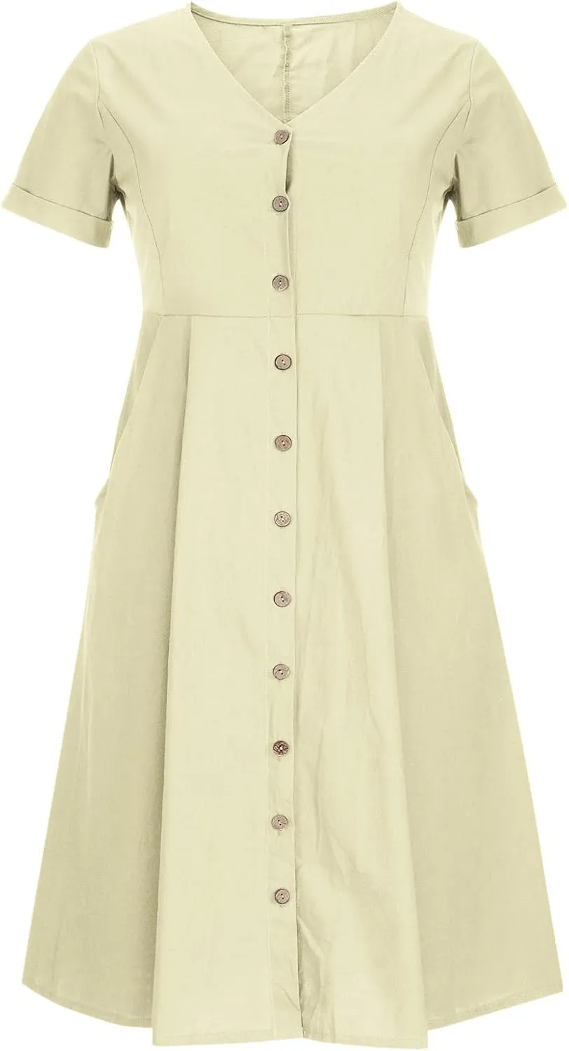 NaRHbrg Women's Button Down Linen Dress V-Neck Short Sleeve A-Line Casual Loose Fit Summer Midi Dresses Sundress