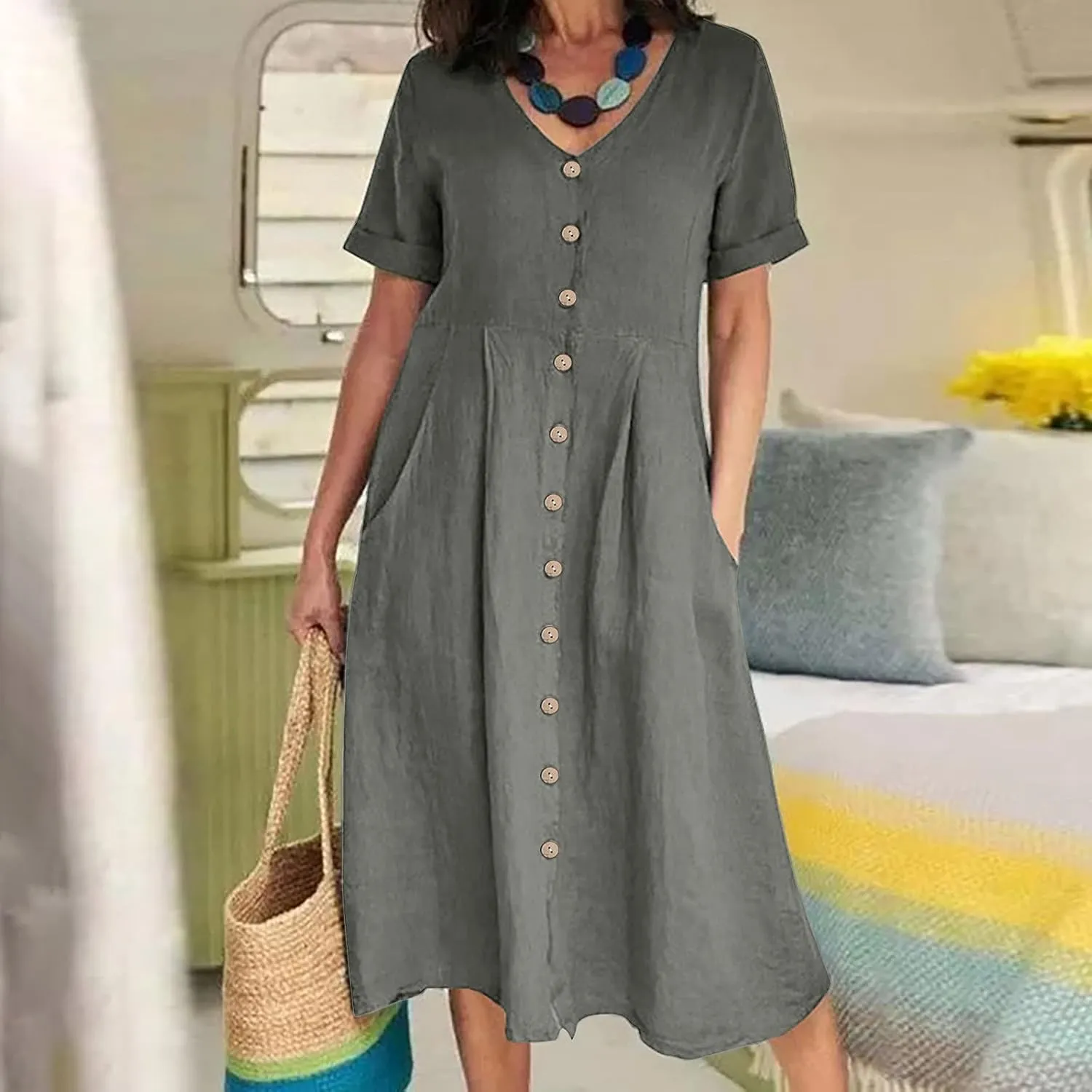 NaRHbrg Women's Button Down Linen Dress V-Neck Short Sleeve A-Line Casual Loose Fit Summer Midi Dresses Sundress