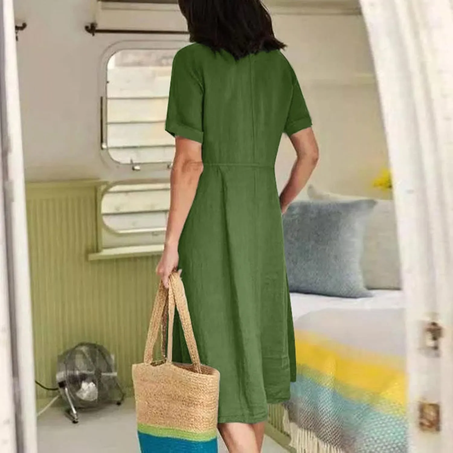 NaRHbrg Women's Button Down Linen Dress V-Neck Short Sleeve A-Line Casual Loose Fit Summer Midi Dresses Sundress