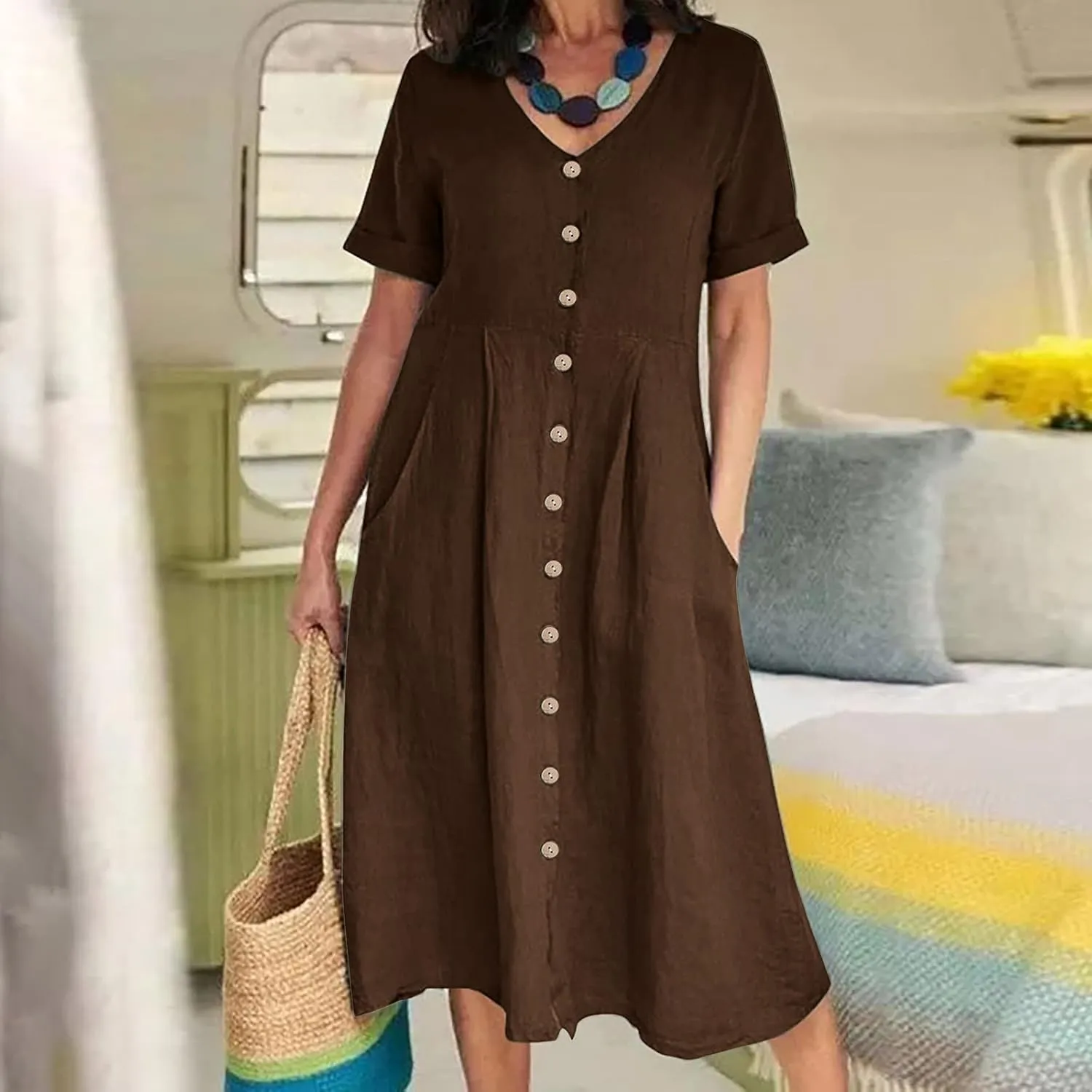 NaRHbrg Women's Button Down Linen Dress V-Neck Short Sleeve A-Line Casual Loose Fit Summer Midi Dresses Sundress