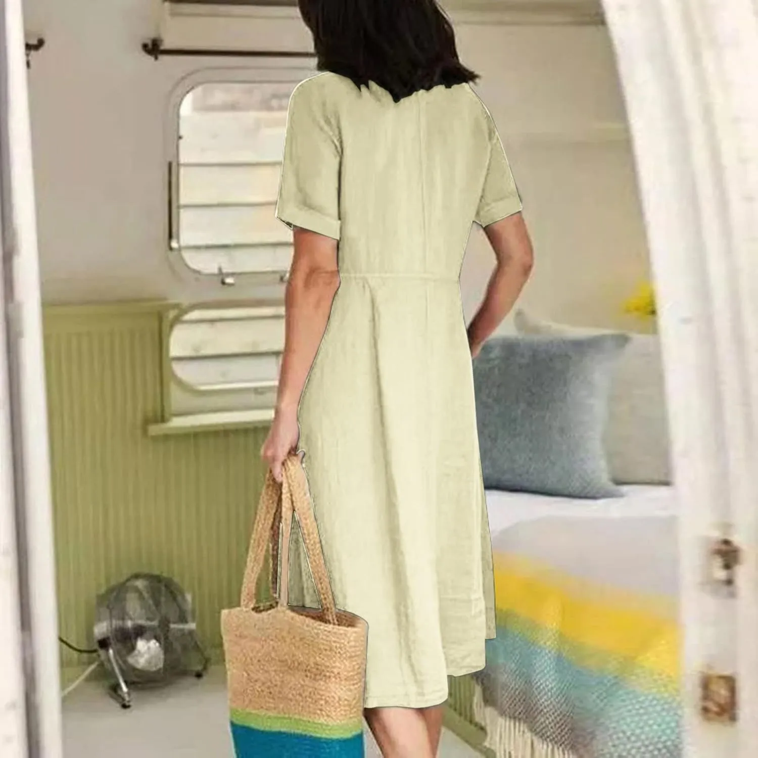 NaRHbrg Women's Button Down Linen Dress V-Neck Short Sleeve A-Line Casual Loose Fit Summer Midi Dresses Sundress