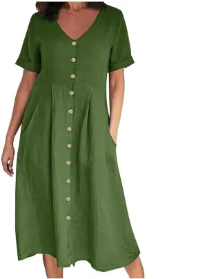 NaRHbrg Women's Button Down Linen Dress V-Neck Short Sleeve A-Line Casual Loose Fit Summer Midi Dresses Sundress