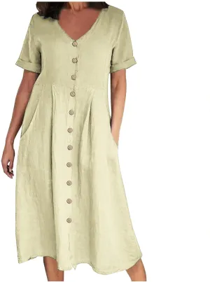 NaRHbrg Women's Button Down Linen Dress V-Neck Short Sleeve A-Line Casual Loose Fit Summer Midi Dresses Sundress