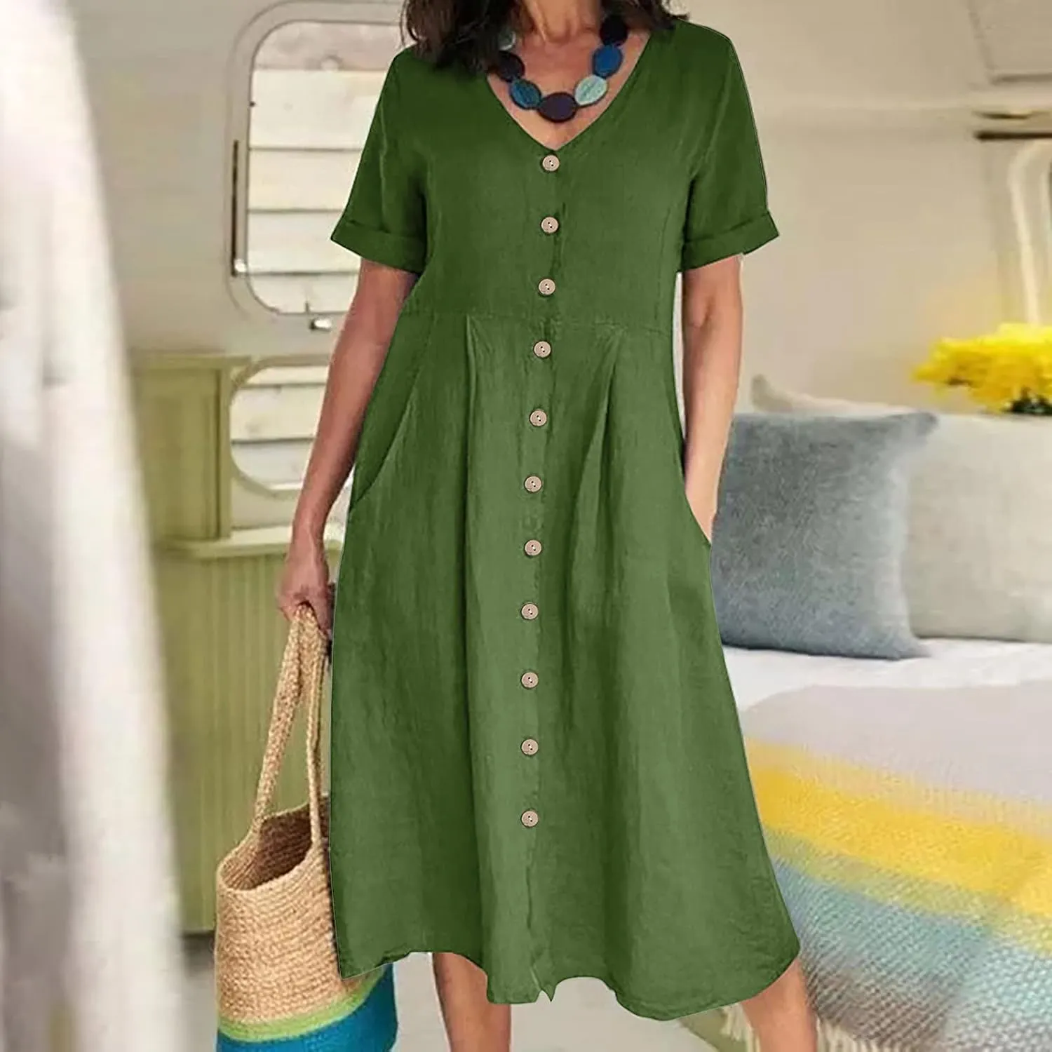 NaRHbrg Women's Button Down Linen Dress V-Neck Short Sleeve A-Line Casual Loose Fit Summer Midi Dresses Sundress