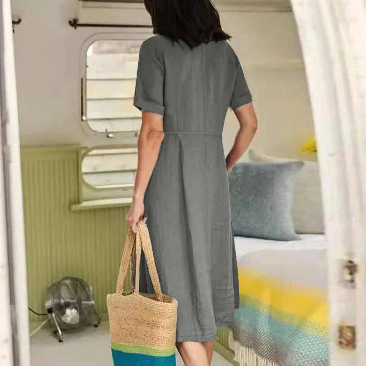 NaRHbrg Women's Button Down Linen Dress V-Neck Short Sleeve A-Line Casual Loose Fit Summer Midi Dresses Sundress