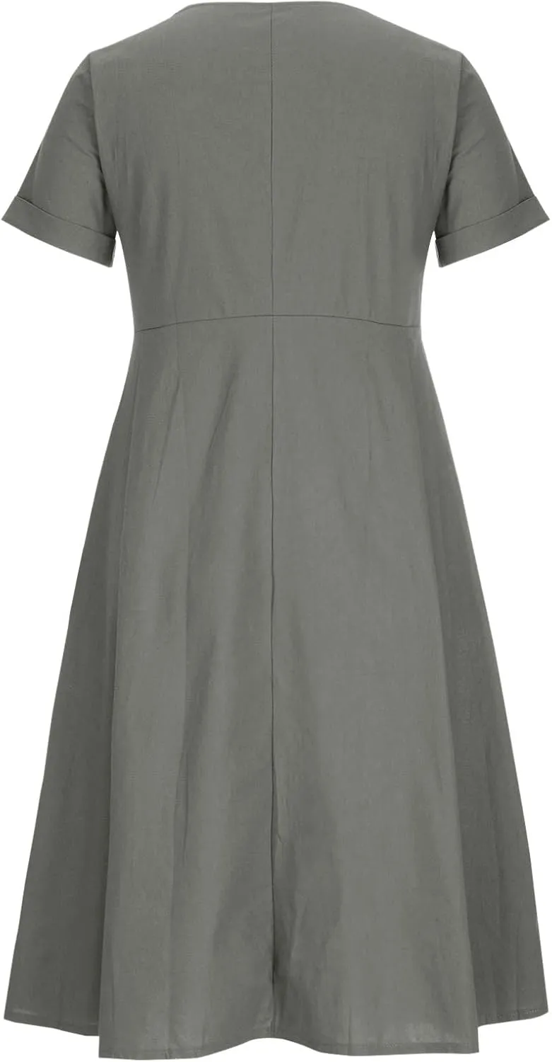 NaRHbrg Women's Button Down Linen Dress V-Neck Short Sleeve A-Line Casual Loose Fit Summer Midi Dresses Sundress