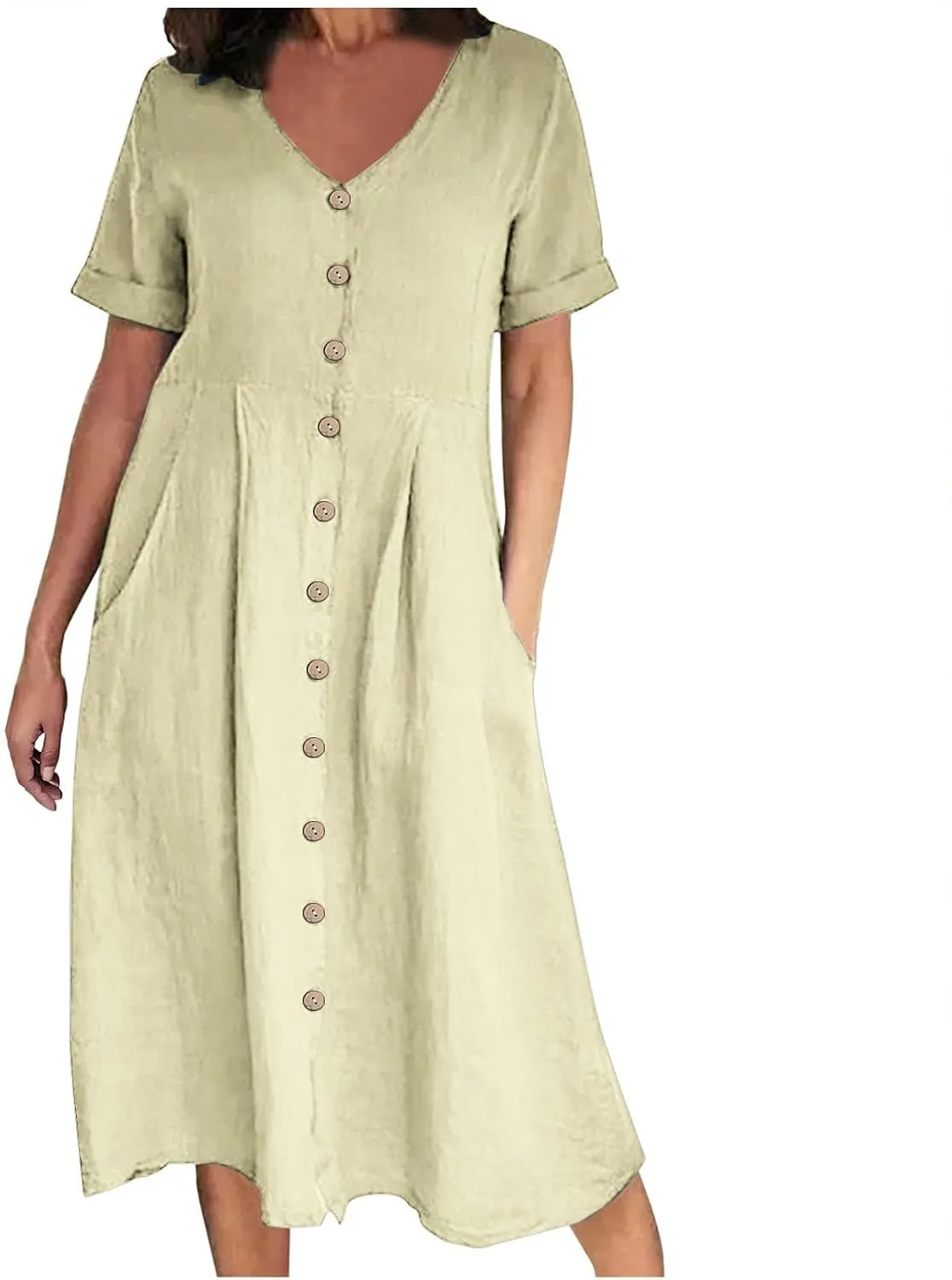 NaRHbrg Women's Button Down Linen Dress V-Neck Short Sleeve A-Line Casual Loose Fit Summer Midi Dresses Sundress
