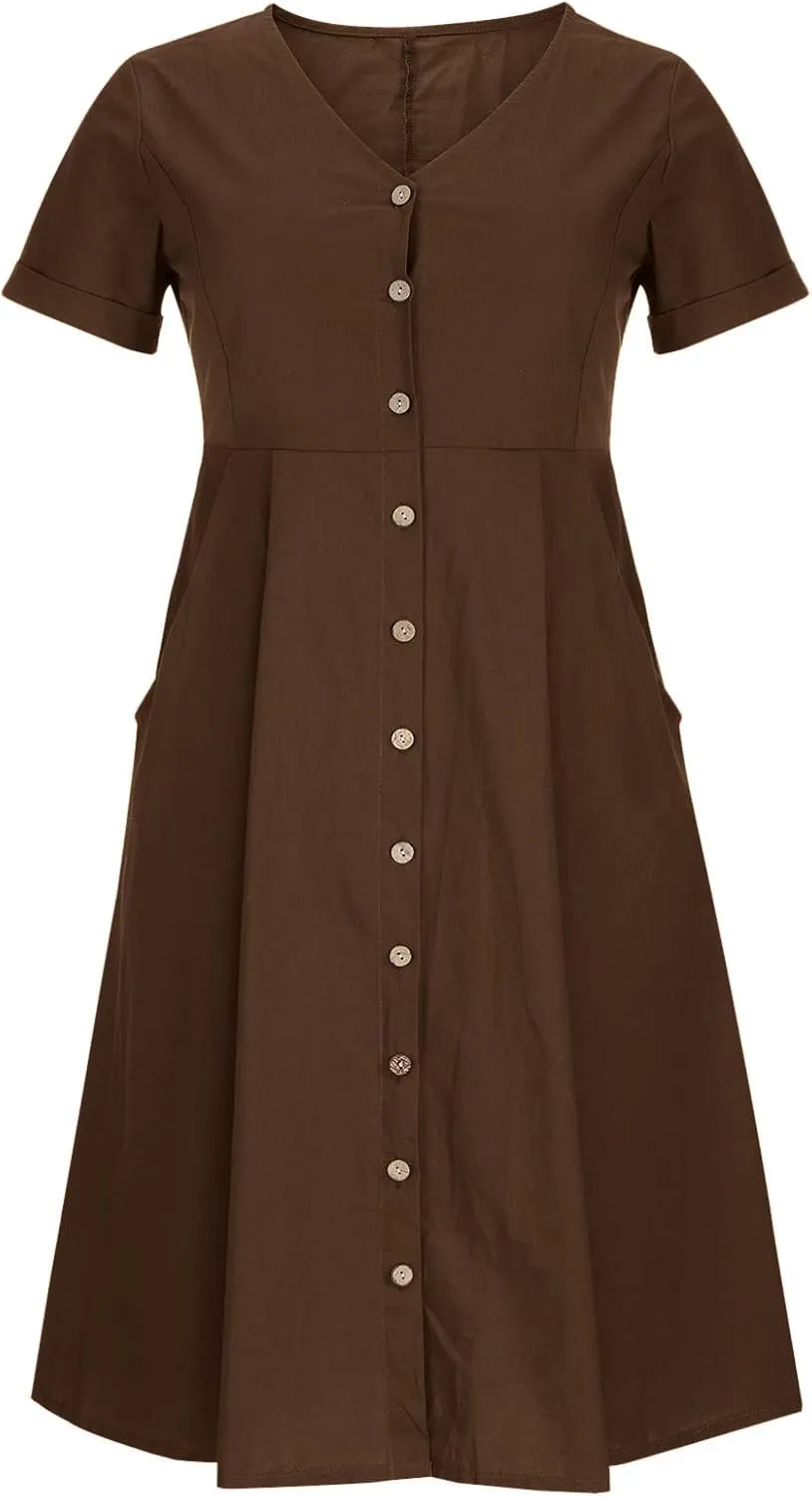 NaRHbrg Women's Button Down Linen Dress V-Neck Short Sleeve A-Line Casual Loose Fit Summer Midi Dresses Sundress