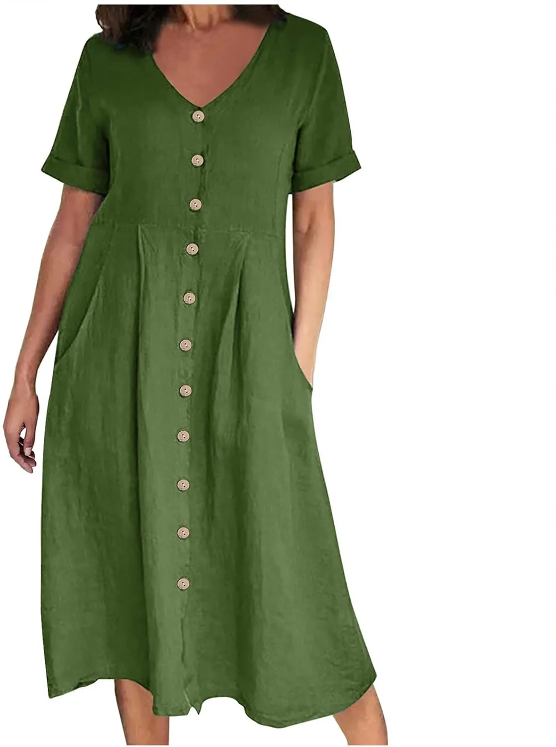 NaRHbrg Women's Button Down Linen Dress V-Neck Short Sleeve A-Line Casual Loose Fit Summer Midi Dresses Sundress